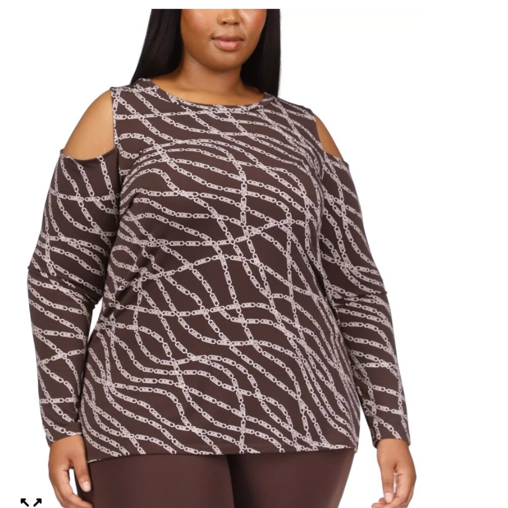 New Michael Michael Kors size 0X Brown Chain Print Cold Shoulder‎ Stretch Top